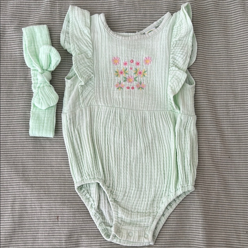 Mint Green Baby Romper with Floral Embroidery and Headband